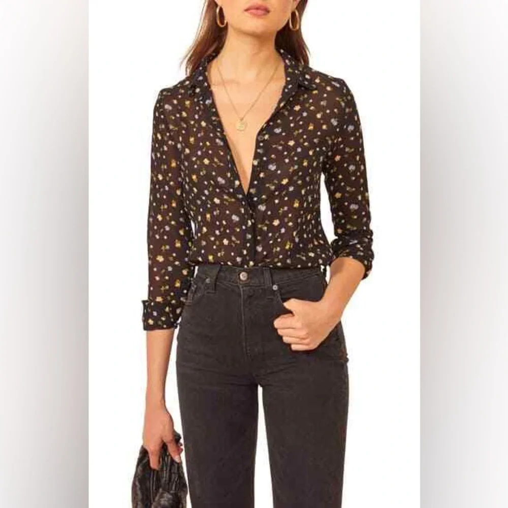 Reformation Blue Floral Print Button Down Long Sleeve Chiffon Shirt, Size XS - Picture 3 of 13